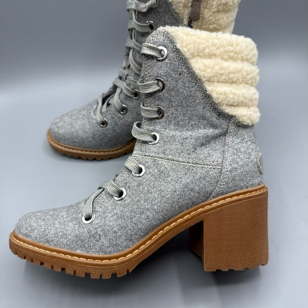 Roxy Women’s Gray Lace-Up Zip Ankle Boots Faux Shearling Lined Block Heel Size 8 - Picture 5 of 15